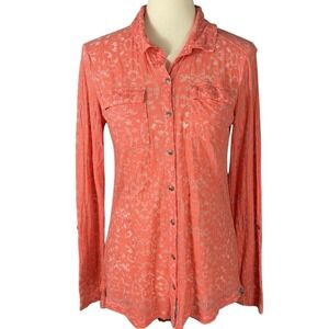 Eddie Bauer Leopard Gauze Sheer Coral Button Up Shirt Long Sleeve Women's XL